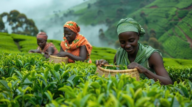 African women with wicker baskets handpicking green tea leaves.