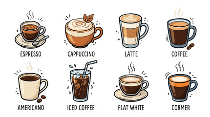 Fototapeta premium Coffee Types and Drinks Icon Set in Cute Doodle Style