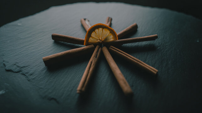 Decorative arrangement of cinnamon sticks and a dried orange slice with dried fruit, mulled wine