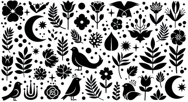 Black and white vector illustration of birds, flowers, leaves, and celestial elements.