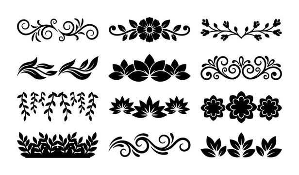 Vintage floral dividers and decorative ornaments set, black botanical flourishes for wedding invitations, 12 elegant vector border elements