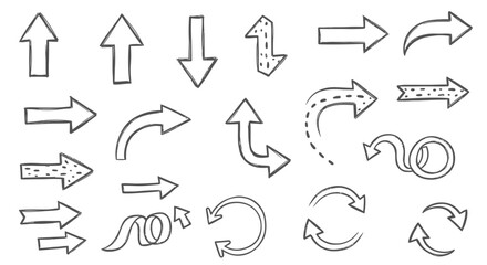 Fototapeta premium A collection of hand-drawn doodle arrows in various directions and styles, including straight, curved, dotted, double-headed, and circular refresh symbols, on a white background.