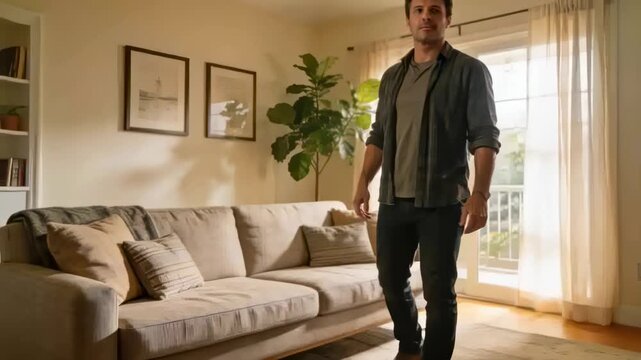 Opening door, man in shirt and boots stepping into living room, pausing by sofa, copy space