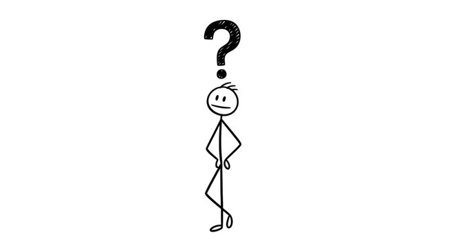 Simple stick figure cartoon character standing with a big question mark above its head, symbolizing confusion, doubt, or inquiry on a white background.