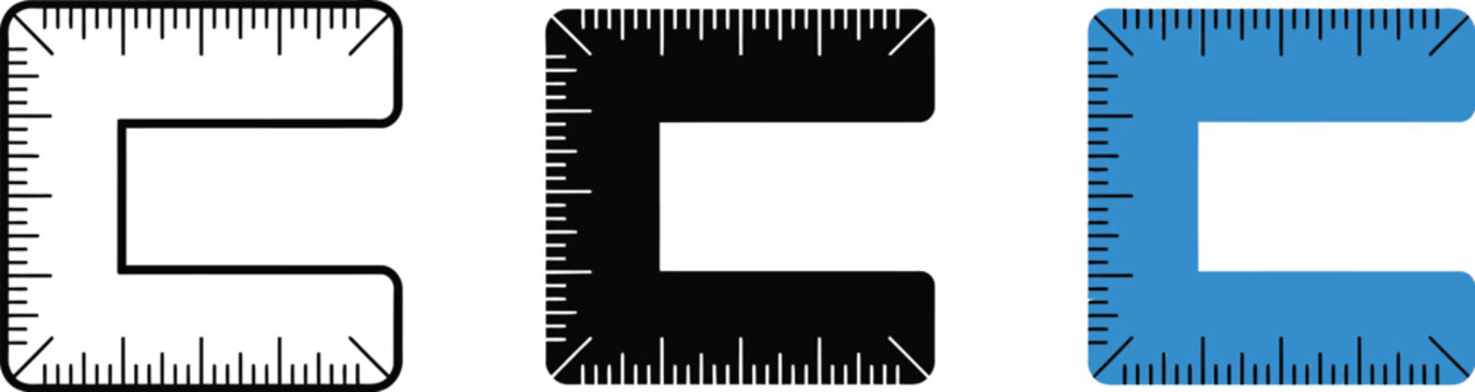 Technical L square corner ruler icon set featuring carpentry, engineering, precision measurement in thin line, solid black and cyan blue styles