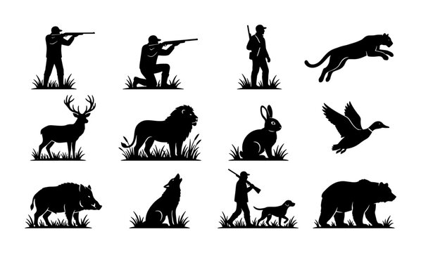 Hunting silhouettes collection, 12 vector icons of hunters and wild animals, black outdoor sport graphics for forest adventure and wildlife tracking