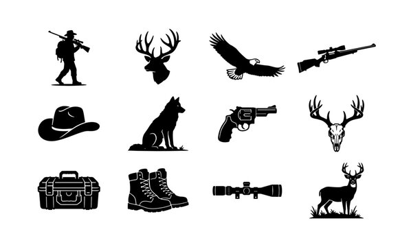 Hunting and outdoor adventure silhouettes, 12 black vector icons of deer, rifles and gear, wilderness wildlife and hunter equipment set