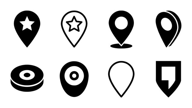 Minimalist map pin icons set, black location pointer vector symbols, 8 navigation markers for web design and mobile apps