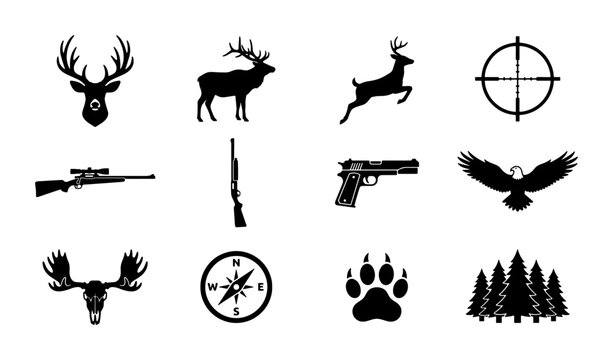 Hunting and wilderness silhouette icons, set of 12 black vector elements, deer and moose hunting equipment, outdoor adventure and forest wildlife graphics