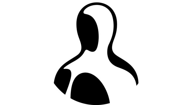 Abstract black silhouette of a person's upper body with a hood, minimalist graphic design.