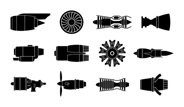 Aviation engine silhouette icons, 12 jet turbine and propeller motor vector elements, aerospace engineering and aircraft propulsion system set