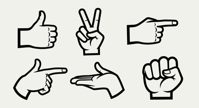 Six black and white line art icons depicting various hand gestures including thumbs up, peace sign, pointing fingers, and a clenched fist.
