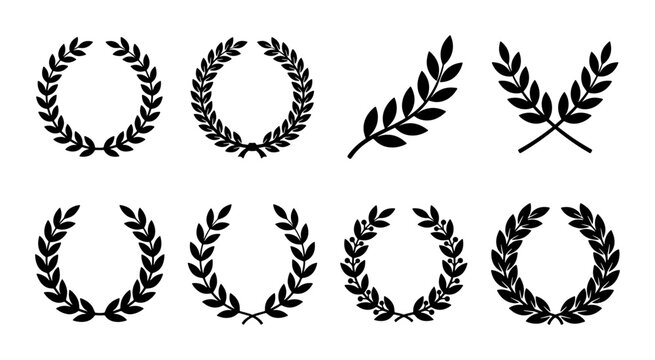 Laurel wreath vector set, black heraldic olive branch icons, 8 circular foliage frames for award and victory design, classic trophy border elements