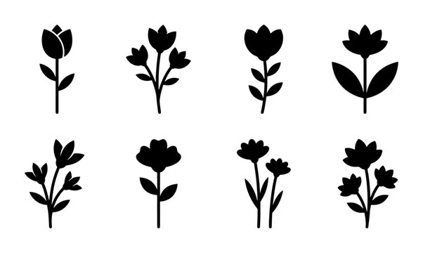 Minimalist flower silhouette icons, set of 8 floral vector elements, black botanical plant symbols for logo design and wedding stationery