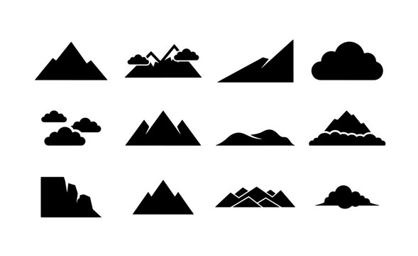 Minimalist mountain icon set, 12 black silhouette peak and cloud vector elements, geometric nature landscape symbols for logo design and maps