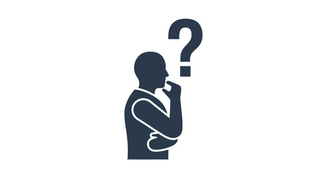 A confused businessman holds a question mark symbol near his head while thinking of a solution to a complex problem