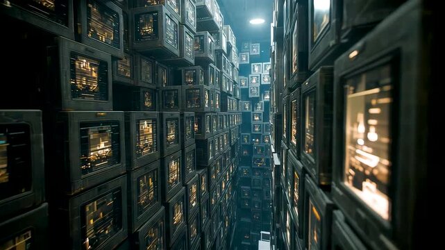Tall Walls of Glowing Television Screens Forming Narrow Corridor with Deep Perspective View