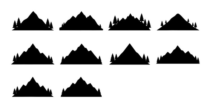 Mountain silhouette set with pine trees, black mountain range icons for outdoor logos, 10 nature landscape vector elements for camping and hiking