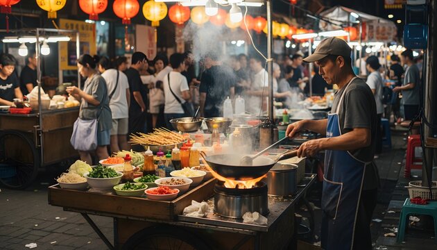 A street food vendor cooks in a wok at a bustling night market under colorful lanterns