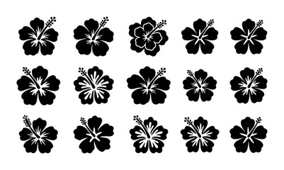 Tropical hibiscus flower icons set, black floral silhouettes of exotic blooms, 15 botanical vector elements for summer vacation and surf branding © Monsur
