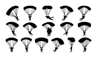 Skydiver silhouette collection with 16 parachute icons, extreme sports paragliding vector set, black skydiving silhouettes for adventure design © Sadia