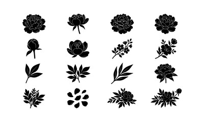 Black peony silhouette vector set, 16 floral icons with blooming flowers and leaves, botanical garden elements for wedding invitations and logo design © Sadia