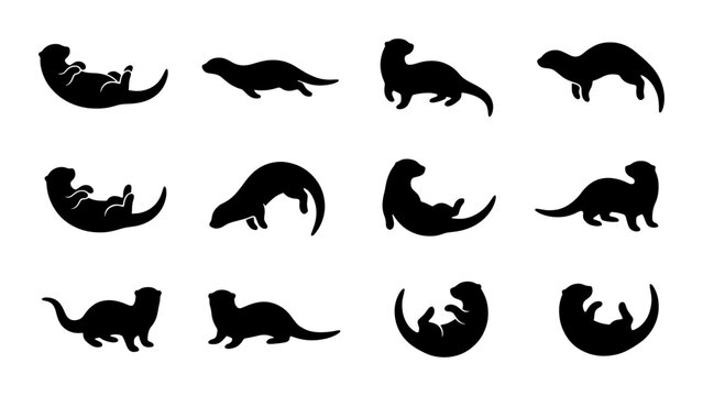 Otter silhouette collection with 12 vector icons, aquatic mammal shapes in various poses, black sea otter stencils for nature and wildlife design