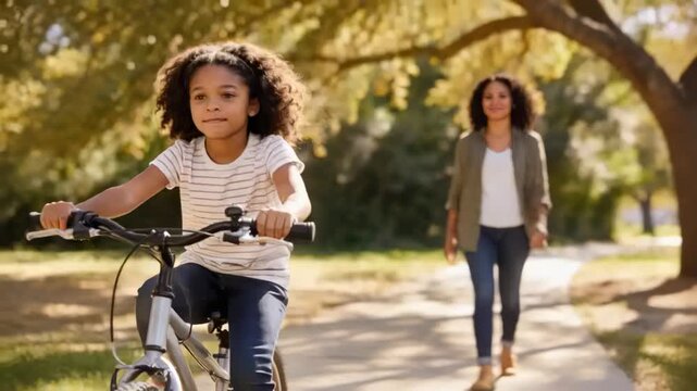 Pedaling child wearing striped tee and jeans riding bike down park path, mother following watching