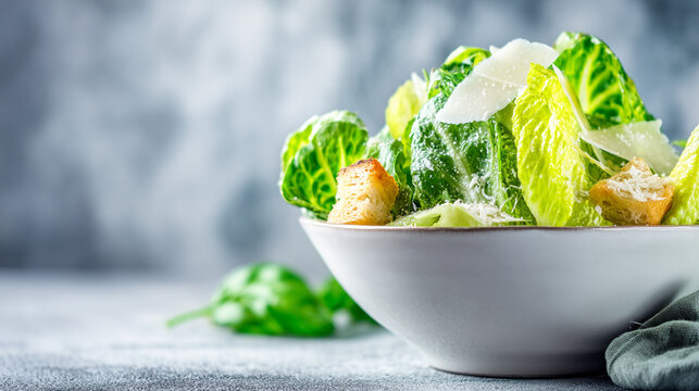 Artistic close-up of a white bowl brimming with caesar salad and parmesan cheese, side dish