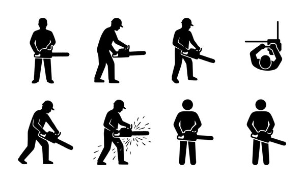 Chainsaw operator silhouette icons, lumberjack worker using power saw vector set, 8 industrial woodcutter figures for forestry and safety signage