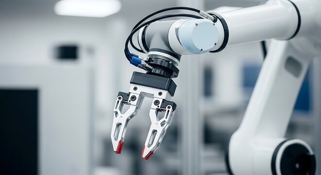 Lengan robot industri modern dengan penjepit metalik