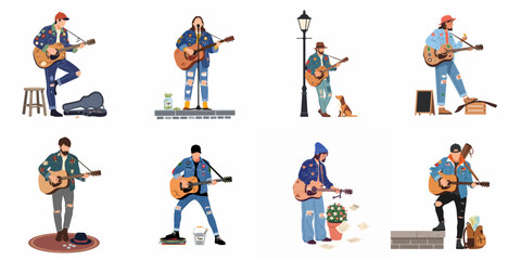 Fototapeta premium Vector Illustration Collection of Street Musicians Playing Acoustic Guitars in Various Urban Settings, Featuring Diverse Styles and Characters.