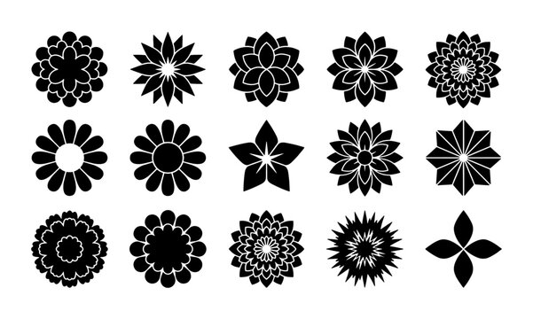 Minimalist black flower icons set, 15 geometric floral vector silhouettes, decorative botanical mandala symbols for logo design and branding