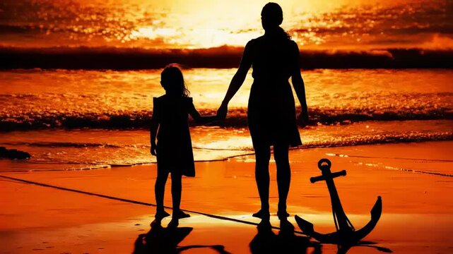 Sinking sun drawing mom in dress holding child, watching sea on beach near anchor and rope