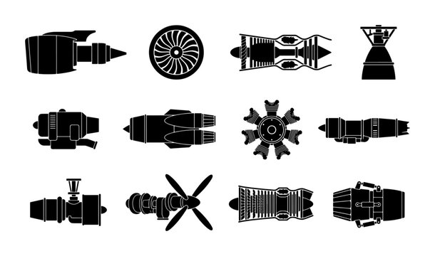 Jet engine silhouette icons, collection of 12 aircraft turbine and rocket motor vectors, aerospace engineering propulsion system symbols