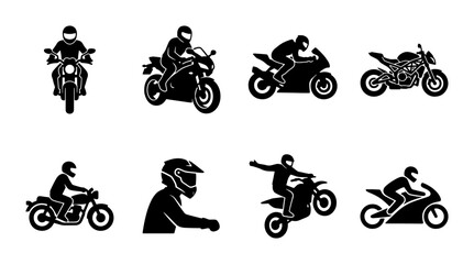 Motorcycle silhouette icons set, black motorbike rider vector graphics, sport bike and motocross racing symbols, collection of 8 motorcycling elements © Roksana