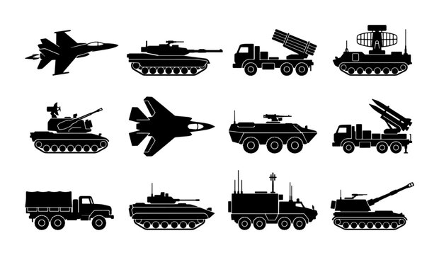 Military vehicle silhouette icons set, 12 black army transport vector elements, armored tanks and fighter jets collection, war machinery graphics