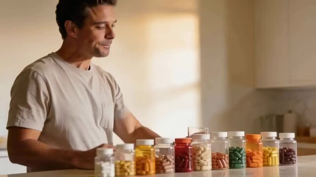 Swallowing water, man in beige t-shirt examining jars in kitchen and reaching to take supplements