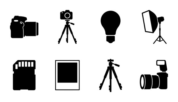 Photography equipment icon set, professional camera gear silhouettes, 8 digital photo studio vector elements, tripod and lighting symbols