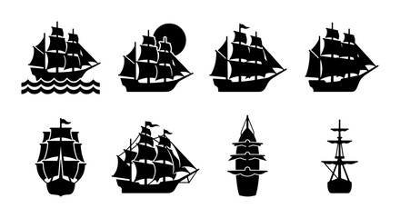 Vintage sailing ship silhouettes, set of 8 nautical vessel icons, antique wooden boat vector graphics, maritime transport symbols for logo design © Roksana
