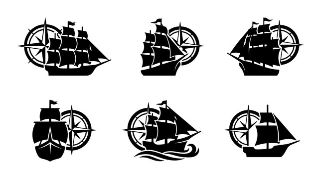 Vintage sailing ship silhouettes with nautical compass rose, set of 6 black maritime vessel icons, antique wooden boat and wind rose vector graphics