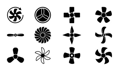 Industrial propeller icon set, 12 black fan blade vector silhouettes, mechanical turbine and ventilation blower symbols for engineering and aviation © Mizanur