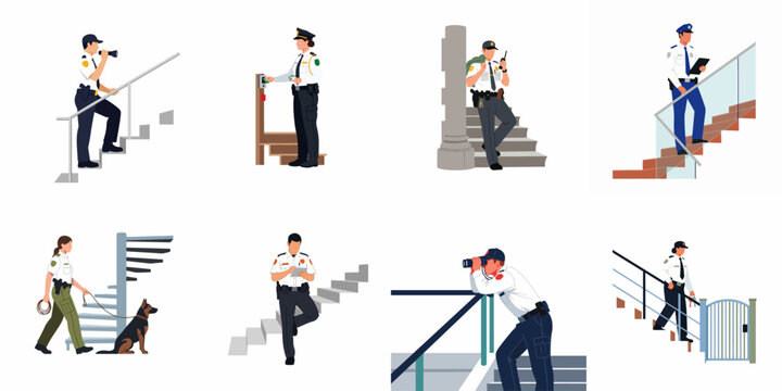 Professional security guards and police officers performing various surveillance, patrol, and access control duties in modern buildings, including K9 unit and equipment.