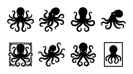 Black octopus silhouette icons set, 8 minimalist sea creature vector illustrations, nautical kraken symbols for marine branding and logo design © Javed