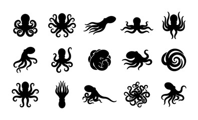 Black octopus silhouette icons set, 15 marine cephalopod vector elements, nautical sea creature symbols for logo design and ocean branding © Javed
