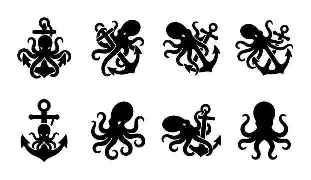 Nautical octopus and anchor silhouettes, set of 8 black sea monster icons, maritime kraken and ship anchor vector graphics for tattoos and logos