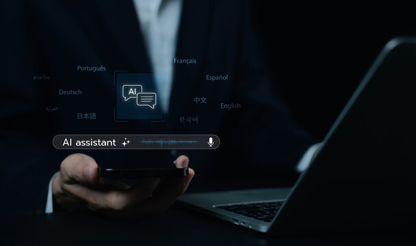 Multilingual text icons on a laptop. Artificial intelligence language translation concept, AI communication, foreign text service. online different translation, digital global language technology.
