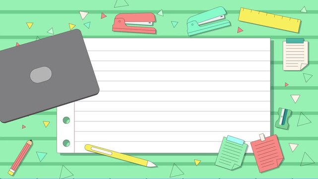 A clean and colorful motion graphic of a workspace featuring a laptop and office supplies. Includes a lined paper frame perfect for text, notes, or educational content.