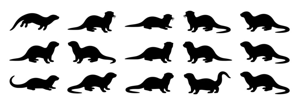 Otter silhouette collection, 15 black sea otter vector icons, aquatic mammal silhouettes in various poses, wild animal profile graphics for logos