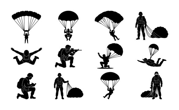 Military paratrooper silhouette collection, 12 skydiver vector icons, army soldiers jumping with parachutes, tactical airborne infantry set